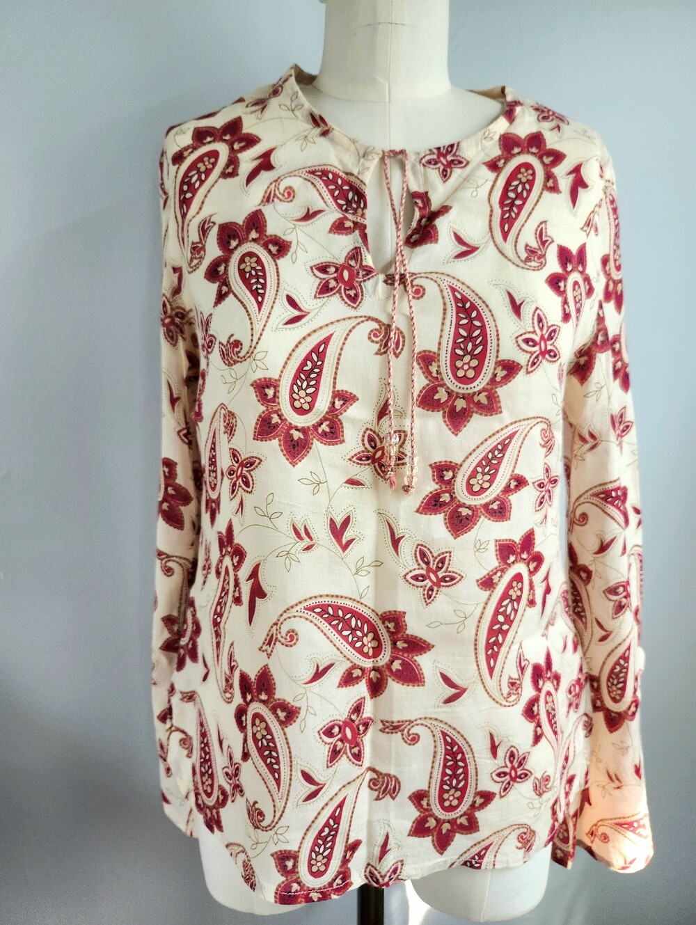 At Last New York Vtg Red + Cream Long Sleeve Split Neck Paisley Peasant Blouse S